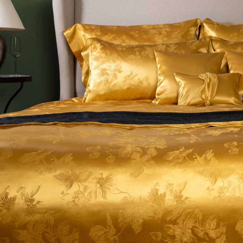 The Ultimate Luxury Silk Sheets In A Bright Gold Floral Pattern