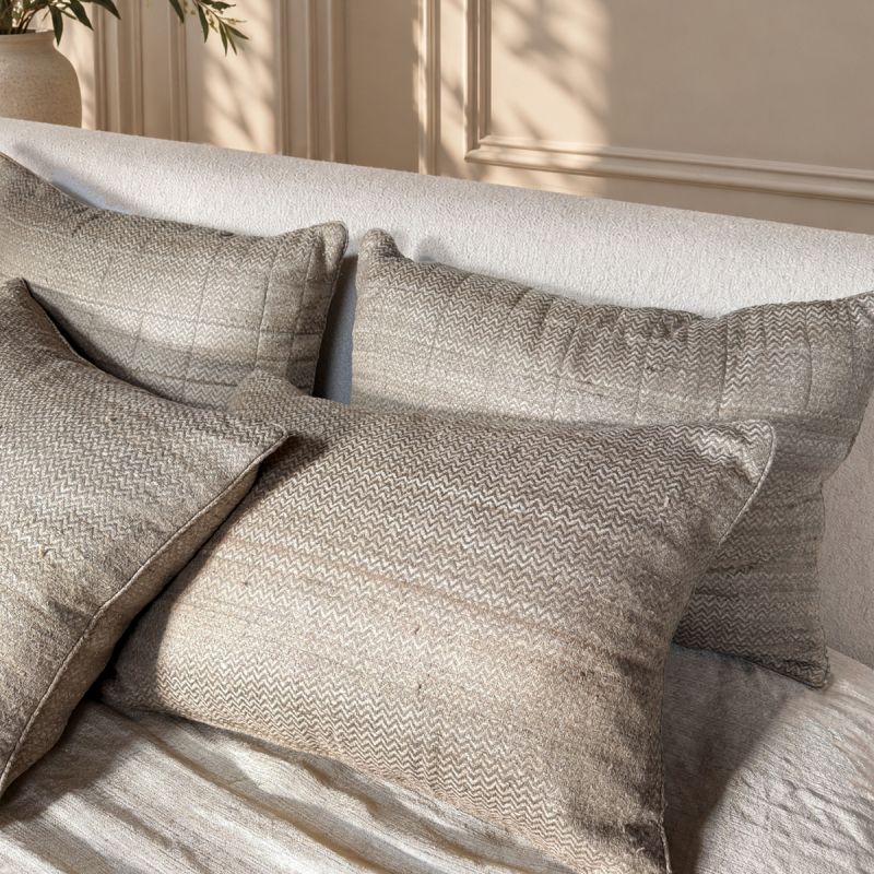 Chevron hand-loomed silk decorative pillows in a neutral zigzag weave with rich texture and subtle sheen