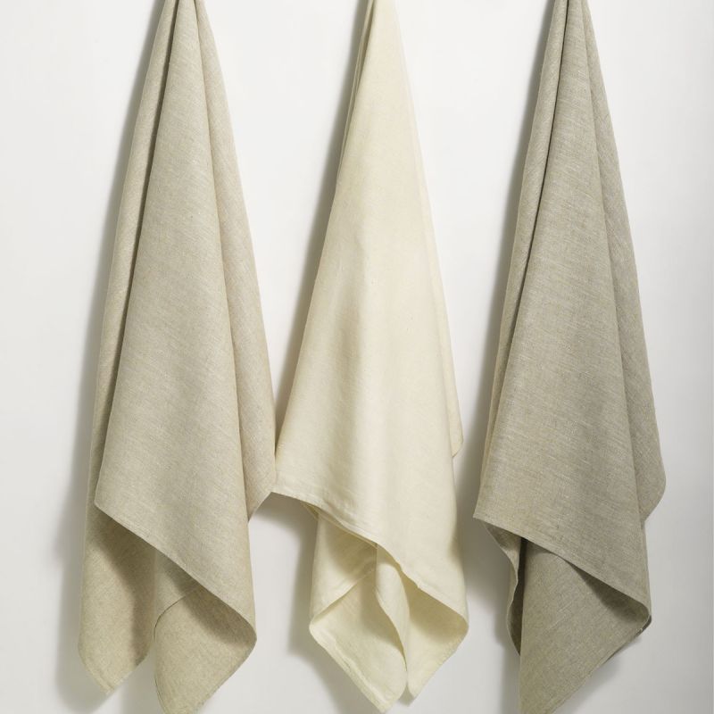 Donatas Modern, Eco friendly Linen Bath Sheets hanging in three colors: natural, ivory, and beige