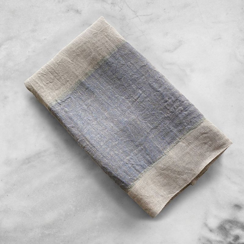 Natte Organic Herringbone Striped Linen Bath Towels In Azure