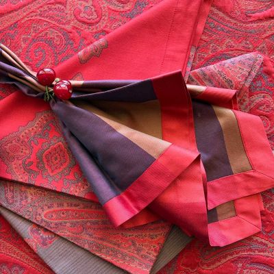 Our Persia Stripe Table Linens are a striking addition to the table!
Scheherazade jacquard stripe napkins blood red group  

