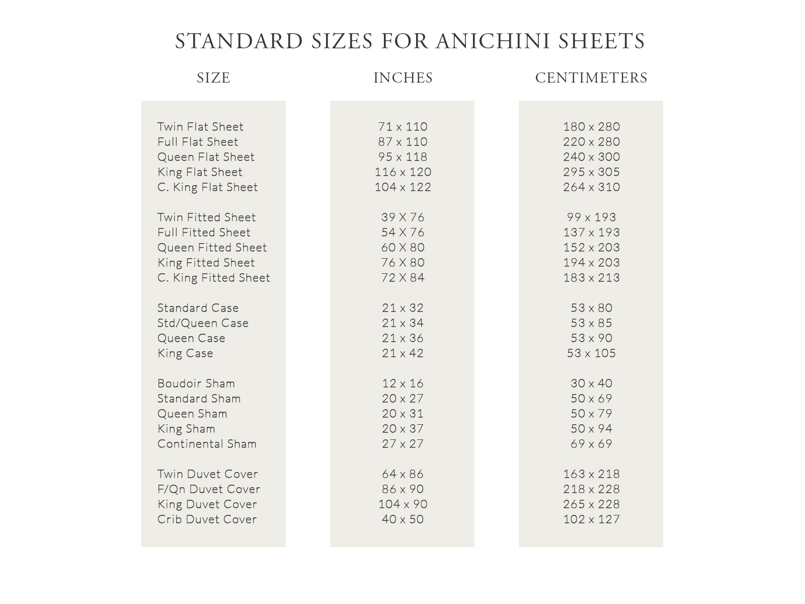 Dimensions For Anichini Sheets